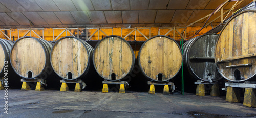 lwooden barrels in a traditional cider factory photo