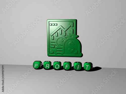 3D illustration of profit graphics and text made by metallic dice letters for the related meanings of the concept and presentations. business and money