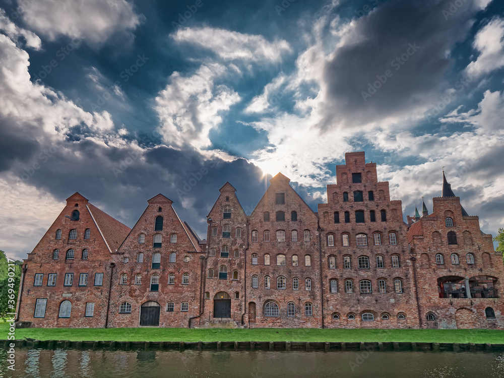 Old hanseatic warehouses in Lubeck panorama, Germany