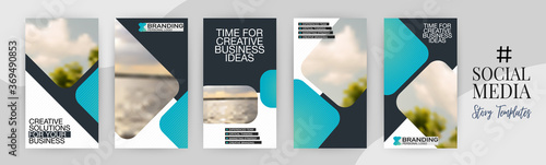 Social Media Network Stories template set. Instagram banner background. Mobile screen app photo frame design. Blue style vector layout.