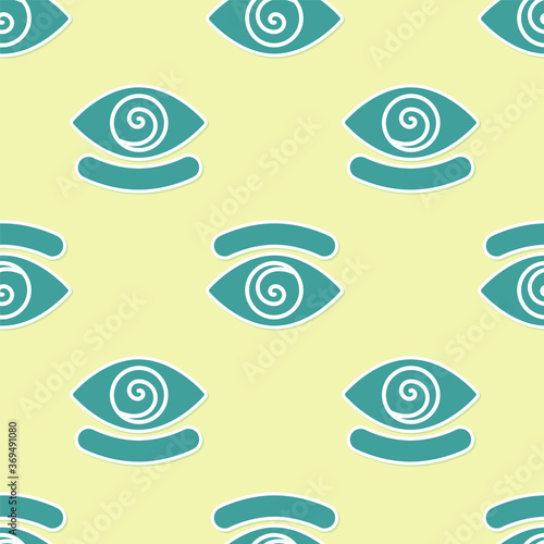 Green Hypnosis icon isolated seamless pattern on yellow background. Human eye with spiral hypnotic iris. Vector.