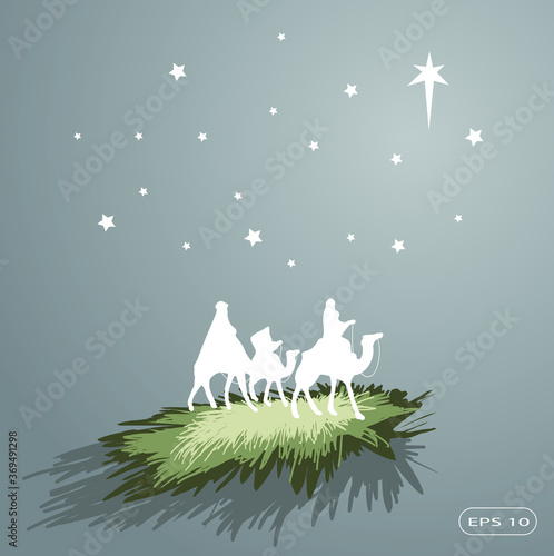 Three wise men silhouette. Three wise men on camels following the star.