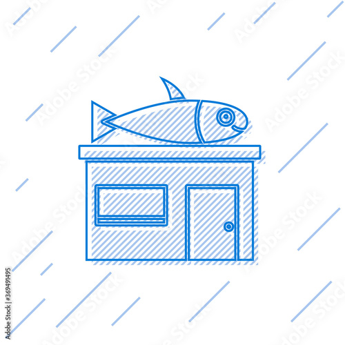 Blue line Seafood store icon isolated on white background. Facade of seafood market. Vector..