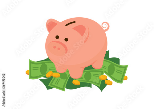 Cute saving piggy bank on a pile of money vector. Pig money box icon isolated on a white background. Pink piggy bank vector