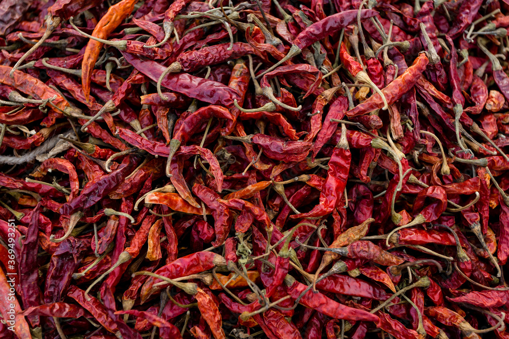 Hot dried red chillies peppers. Traditional mexican cuisine. Healthy vegan food