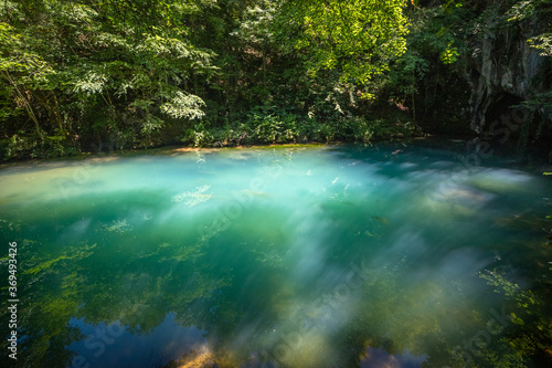 Fototapeta Naklejka Na Ścianę i Meble -  Krupajsko Vrelo (The Krupaj Springs) in Serbia, beautiful water spring with waterfals and caves. Healing light blue water.