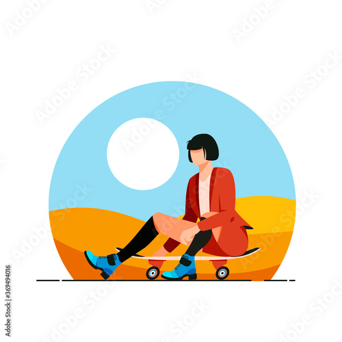 Woman sitting on a skateboard vector illustration. Girl riding a board design element. Modern activity, urban vehicle in flat cartoon style.