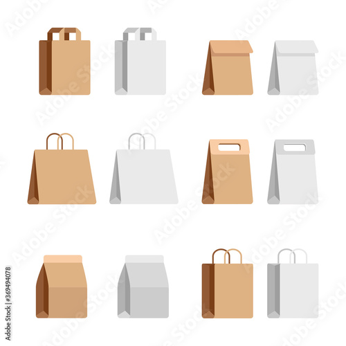 A set of craft packages. White and brown bags of various shapes in a simple flat style. Vector illustration isolated on a white background for design and web.