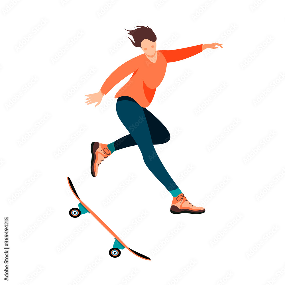 Isolated on white woman jumping with a skateboard vector illustration. Girl riding a board design element. Modern activity, urban vehicle in flat cartoon style.