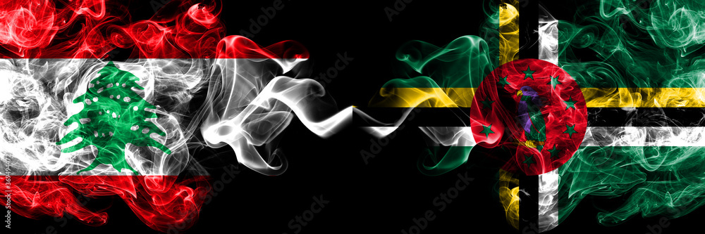 Lebanon vs Dominica smoky mystic flags placed side by side. Thick colored silky abstract smoke flags. Lebanon vs Dominica smoky mystic flags placed side by side. Thick colored silky abstract smoke flags.