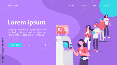 Queue of people standing for using ATM. Bank customer inserting credit card to slot for transaction. Vector illustration for business, banking, finance concept