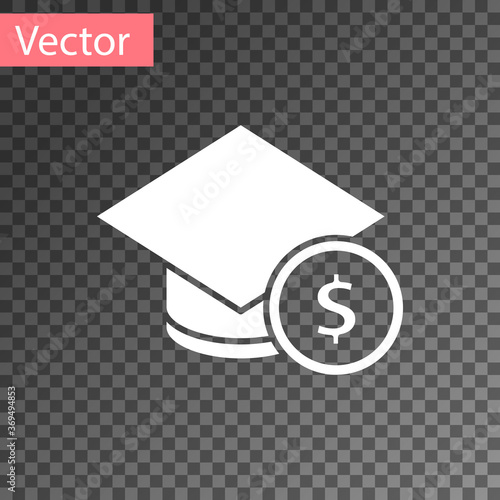 White Graduation cap and coin icon isolated on transparent background. Education and money. Concept of scholarship cost or loan, tuition or study fee. Vector..