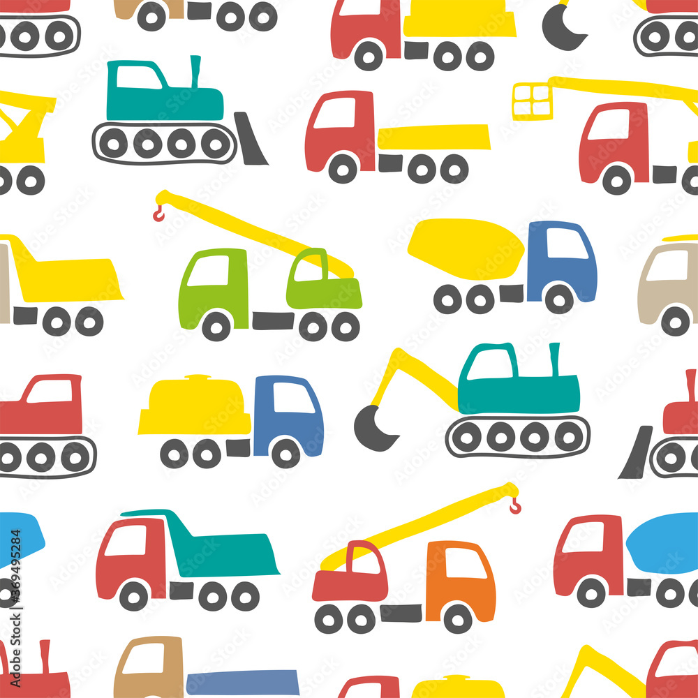 Bright multicolored construction machinery isolated on white background. Childish cute seamless pattern. Vector flat graphic hand drawn illustration. Texture.