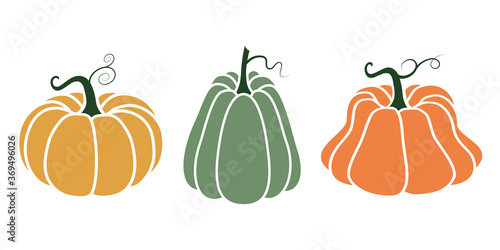Bright illustration of pumpkins in a flat style. Cute vegetables are perfect for decorating autumn holidays, Halloween, healthy food, office supplies.
