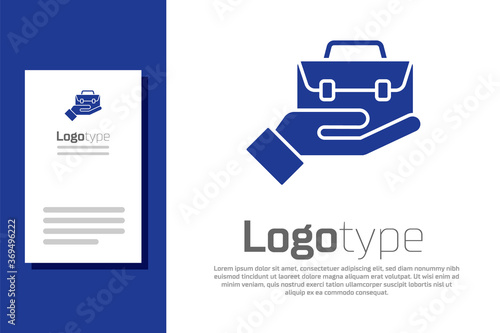 Blue Hand holding briefcase icon isolated on white background. Insurance concept. Security, safety, protection, protect concept. Logo design template element. Vector..