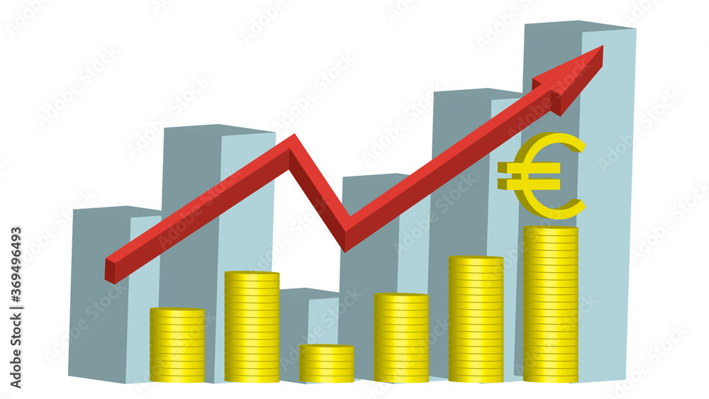 Business graph with arrow and golden coins, financial chart, euro money sign, illustration of economics and finance concept. Business graph with arrow and golden coins, financial chart, euro money sign, illustration of economics and finance concept.