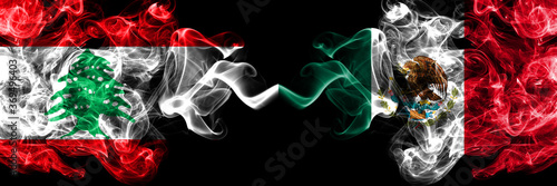 Lebanon vs Mexico  Mexican smoky mystic flags placed side by side. Thick colored silky abstract smoke flags.