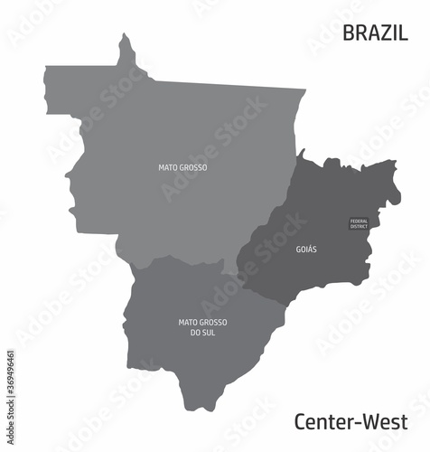 The Brazil Center-West region map with states labels on white background