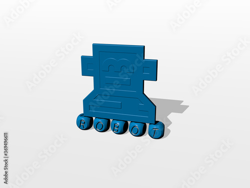 3D illustration of robot graphics and text made by metallic dice letters for the related meanings of the concept and presentations. artificial and background