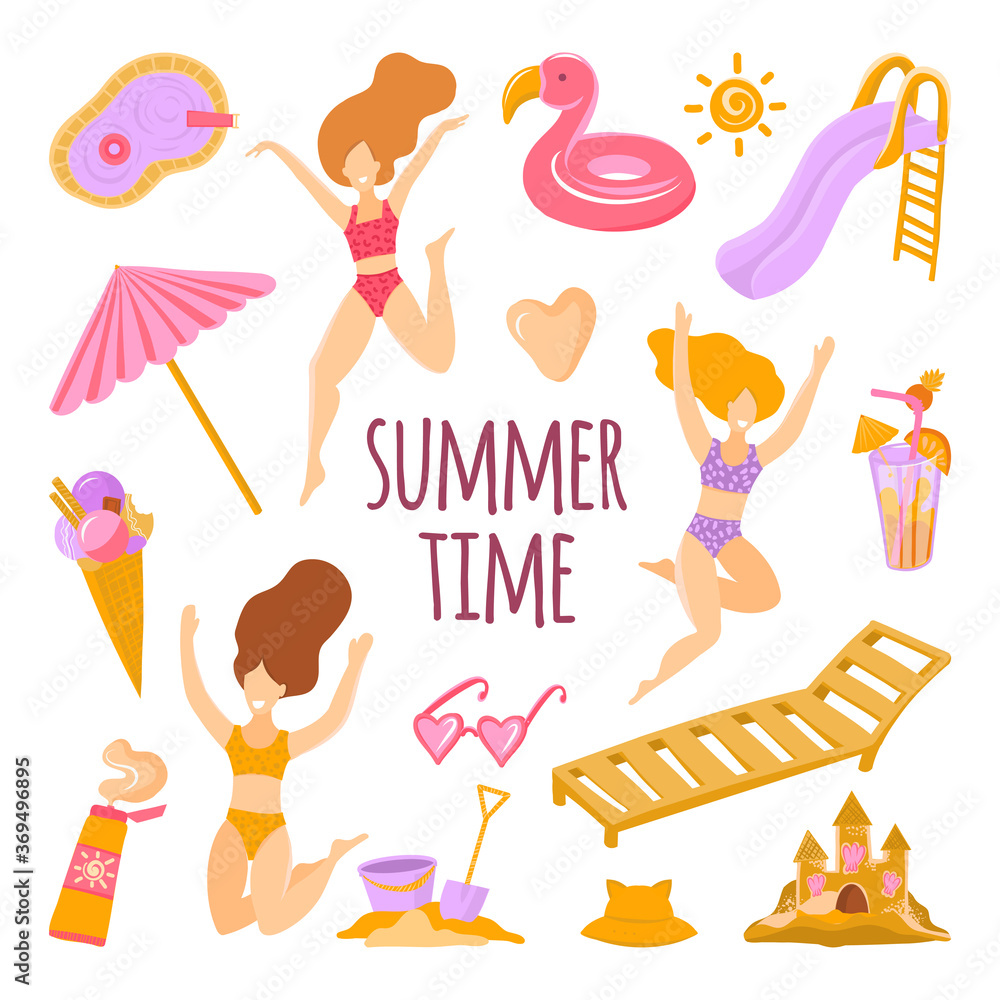 Obraz premium Vector set with illustrations of everlasting young long-haired girls on the ring in the pool. Summer vacation, pool party concept. Clip art,, stickers, creating illustrations on the summer theme