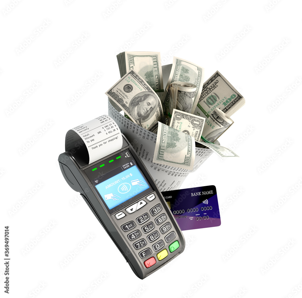 modern concept cashback and contactless payment a bouquet of dollar bills wrapped in a check next to the card terminal 3d render on white no shadow modern concept cashback and contactless payment a bouquet of dollar bills wrapped in a check next to the card terminal 3d render on white no shadow