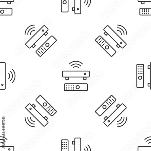 Grey line Wireless multimedia and TV box receiver and player with remote controller icon isolated seamless pattern on white background. Vector.