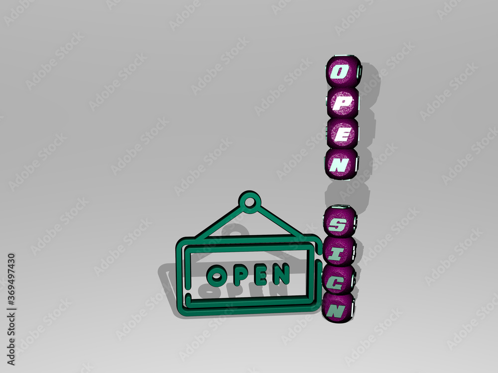 Obraz premium 3D representation of open sign with icon on the wall and text arranged by metallic cubic letters on a mirror floor for concept meaning and slideshow presentation. background and illustration