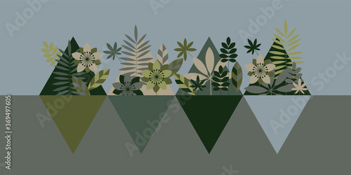 Khaki green geometric style flora horizontal vector. Geometric concept vector camouflage foliage. 