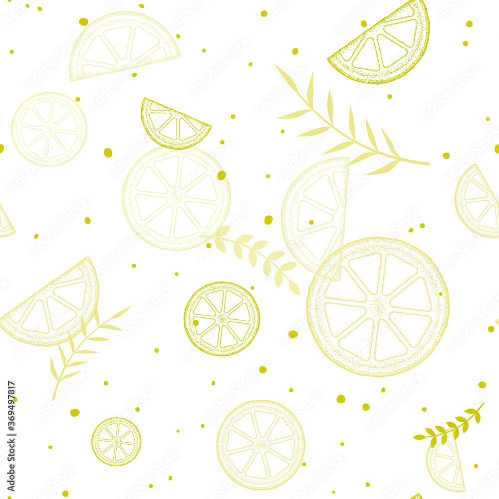 Yellow lemon slices and twigs with leaves on a white background. Vector seamless pattern.