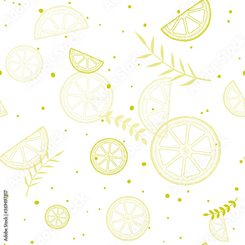 Yellow lemon slices and twigs with leaves on a white background. Vector seamless pattern.