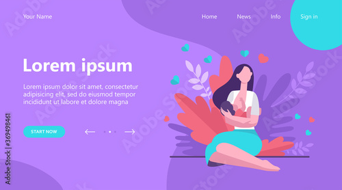 New mother feeding baby with breast. Young woman holding little child in arms. Vector illustration for breastfeeding, health, baby food, motherhood, care concept