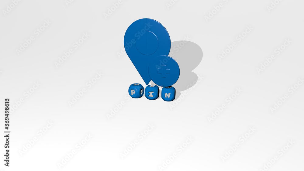 3D illustration of PIN graphics and text made by metallic dice letters for the related meanings of the concept and presentations. icon and map 3D illustration of PIN graphics and text made by metallic dice letters for the related meanings of the concept and presentations. icon and map