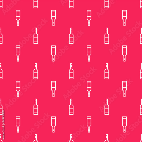 White line Glass bottle of vodka icon isolated seamless pattern on red background. Vector.