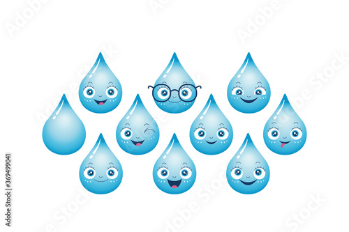 Vector set of cute water drop characters. Blue aqua droplets smile, wink and tongue out. Fun and happy cartoons with eyes and mouth. Clear and pure h2o. Falling rain drops isolated on white background