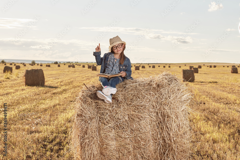 Reading girl sits over the haystack roll on field in countryside. High quality photo Reading girl sits over the haystack roll on field in countryside. High quality photo