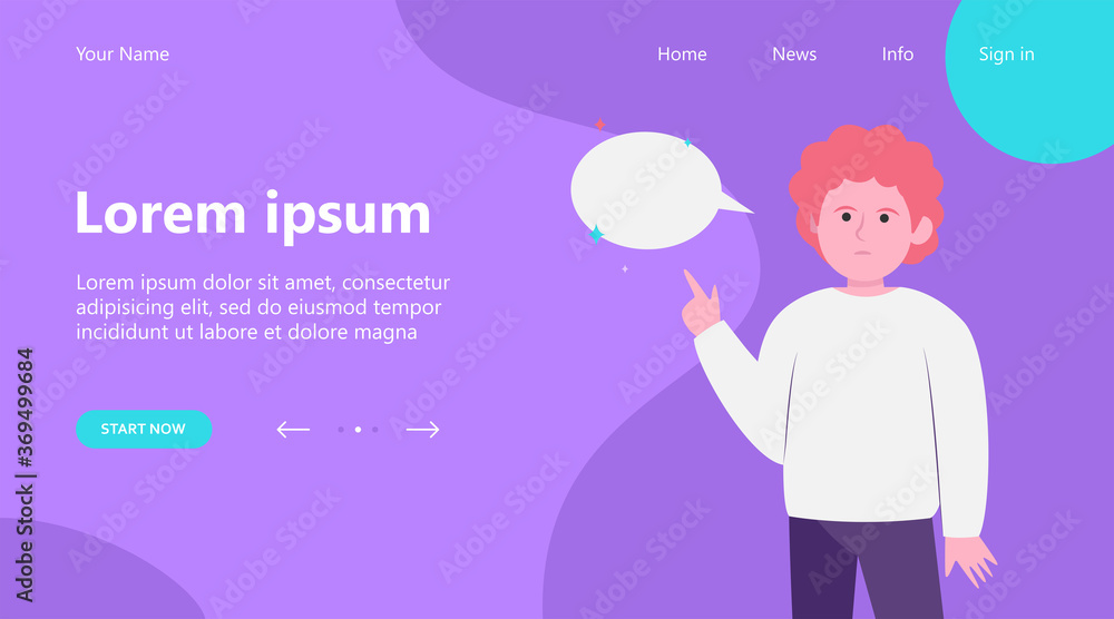 Red-haired guy pointing at empty speech bubble. Finger, chat, network flat vector illustration. Communication and message concept for banner, website design or landing web page Red-haired guy pointing at empty speech bubble. Finger, chat, network flat vector illustration. Communication and message concept for banner, website design or landing web page