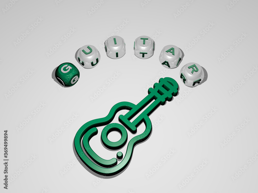 3D representation of guitar with icon on the wall and text arranged by metallic cubic letters on a mirror floor for concept meaning and slideshow presentation. illustration and background 3D representation of guitar with icon on the wall and text arranged by metallic cubic letters on a mirror floor for concept meaning and slideshow presentation. illustration and background