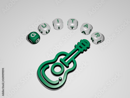3D representation of guitar with icon on the wall and text arranged by metallic cubic letters on a mirror floor for concept meaning and slideshow presentation. illustration and background