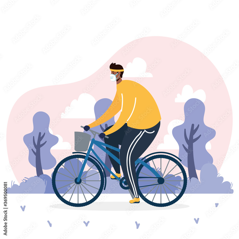 Fototapeta premium young afro man wearing medical mask in bicycle character