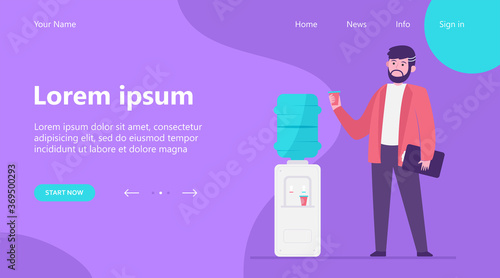 Man drinking water at cooler. Office employee, worker, work break flat vector illustration. Beverage, refreshment, watercooler concept for banner, website design or landing web page