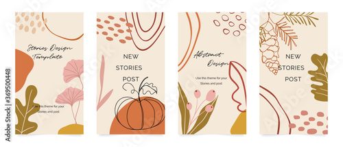 Autumn Social media stories and post template vector set. Cover background with Abstract shape and floral.  Autumn sale banner Vector illustration.