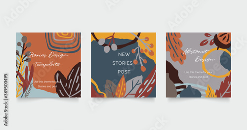 Autumn Social media stories and post template vector set. Cover background with Abstract shape and floral.  Autumn sale banner Vector illustration.