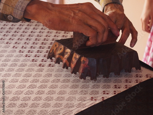 Artisans working in the traditional Indian method of block printing, Jaipur, Rajasthan, Western India, India
