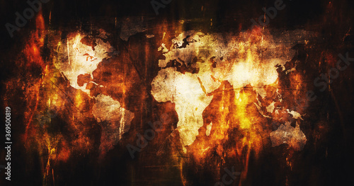 World map burning in blazing fire and flames 3D Rendering