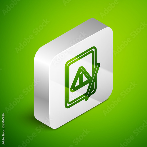 Isometric line Graphic tablet with exclamation mark icon isolated on green background. Alert message smartphone notification. Silver square button. Vector.