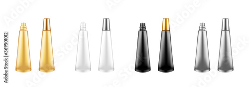 Eye, lip roller tube with cream, serum, or essential oil for anti-age care wrinkle prevent. Set of golden, silver, white and black mockups. Packaging design. 3d isolated realistic vector illustration