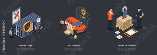 Organization Of Fast And Safety Delivery Of Goods. People Solve Problems With Cargo Delivery At Customs And Provide Protection Of Integrity of Cargo During Storage. Isometric 3D Vector Illustration