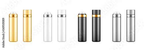 Roller bottle deodorant or cream, serum, essential oil. Body care cosmetic template. Blank black, white, silver, gold product containers mockup set. Packaging design. 3d realistic vector illustration