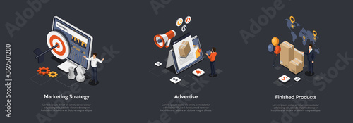 Concept Of New Product Promotion And Advertisement. Characters Develop Marketing Strategies And Promotions, Represent New Finished Product On Market For Sale. Cartoon Isometric 3d Vector Illustration