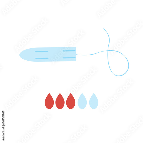 Cotton menstrual tampon and blood drops as protection and absorbent concept, flat vector stock illustration or infographics isolated on white background